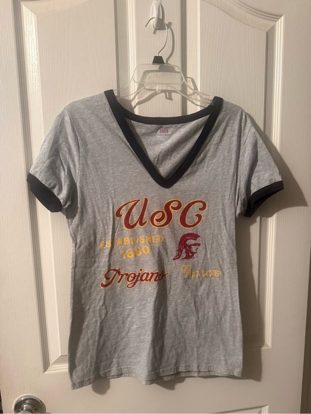 Soffe Gray V-Neck Ringer Tee with Black Trim and Cardinal/Gold USC Logo